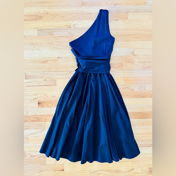 Seed Heritage Black Midi Flared One-Shoulder Dress with Tie-Waist Belt US4 / AU8 - Picture 3 of 8